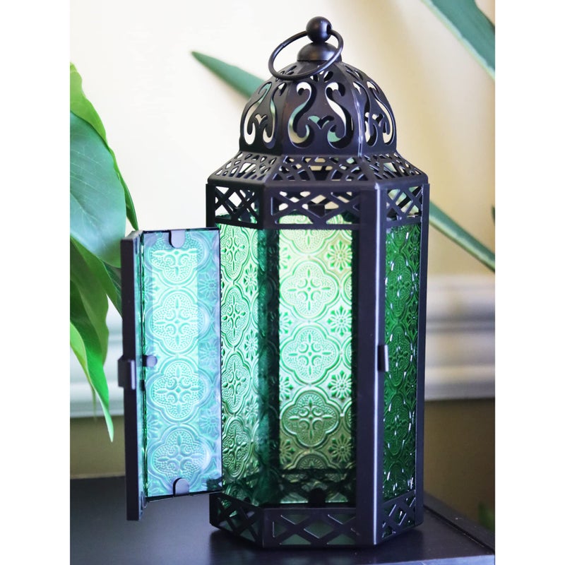 VELA LANTERNS 10.5" Moroccan Candle Lantern Decorative Candle Holder Lamp for Table or Hanging, Ramadan Decorations, Indoor Home Decor, Outdoor Patio or Porch, Black Metal, Green Glass, Medium - Image 4